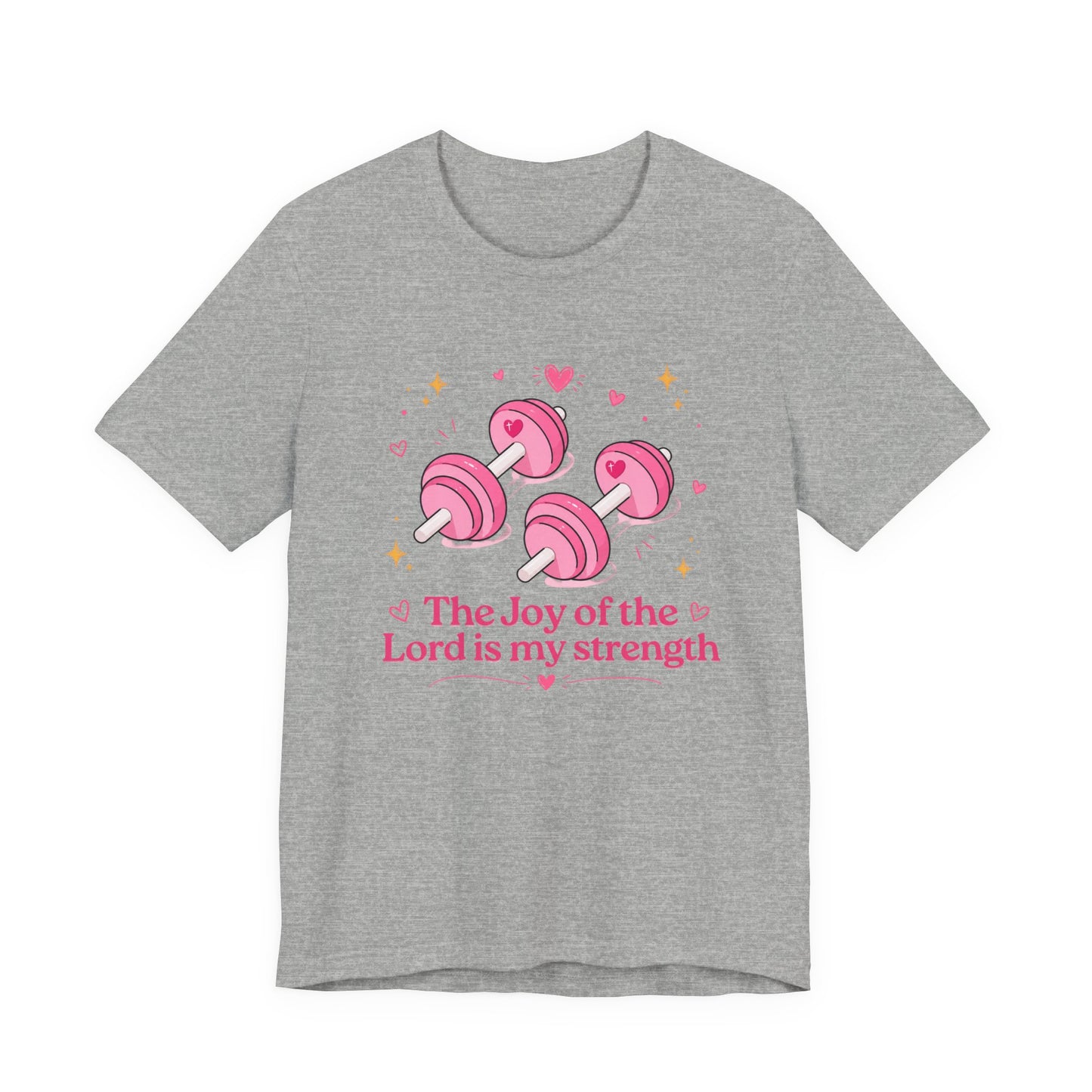Christian Fitness T-Shirt — “The Joy of the Lord is My Strength” Pink Dumbbells Tee