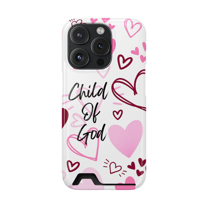 Phone Case — "Child of God" Card Holder Case, Pink Hearts Christian Phone Cover
