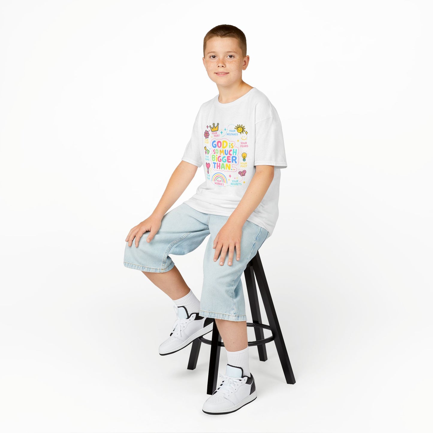 UNISEX Kids Tee — "God Is So Much Bigger Than" Colorful Faith Graphic