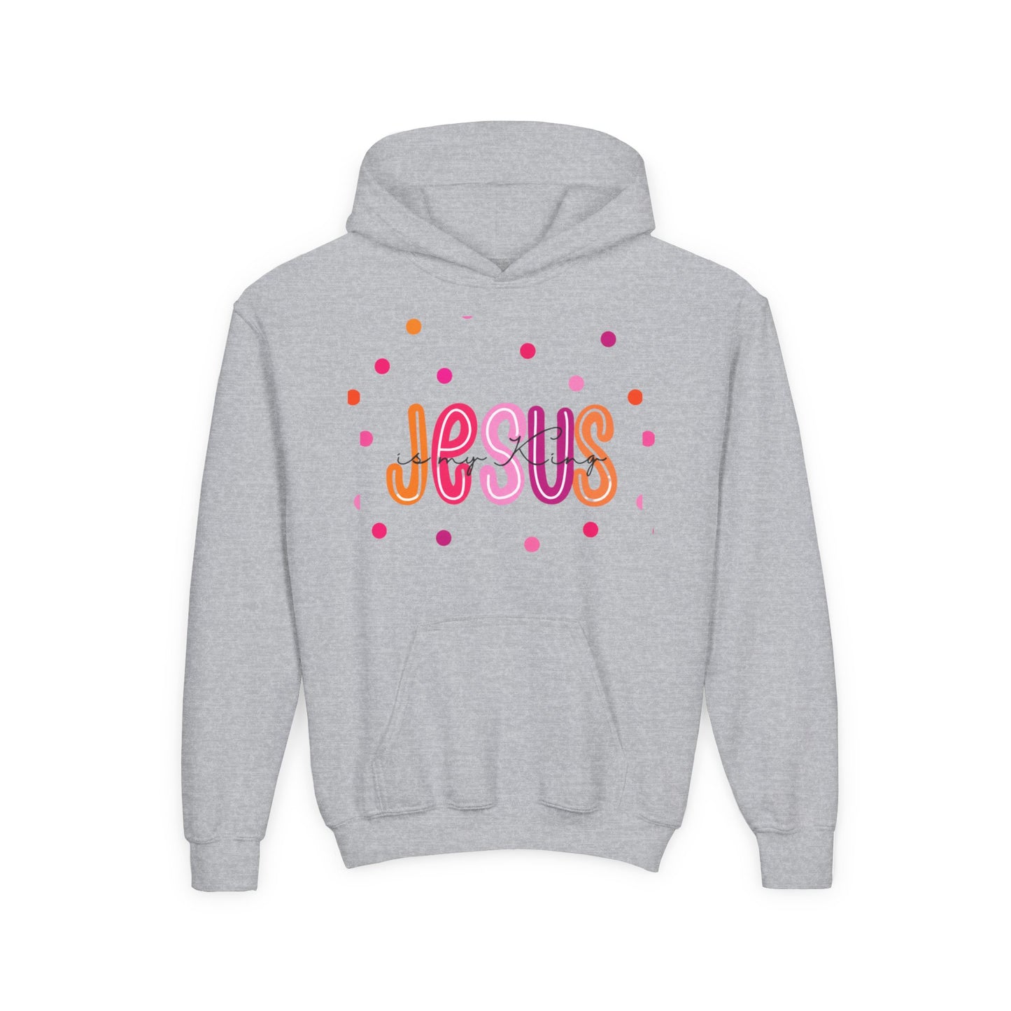 Youth Hoodie — “Jesus” Colorful Polka Dot Christian Pullover
