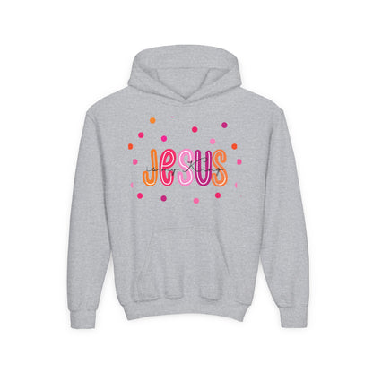 Youth Hoodie — “Jesus” Colorful Polka Dot Christian Pullover
