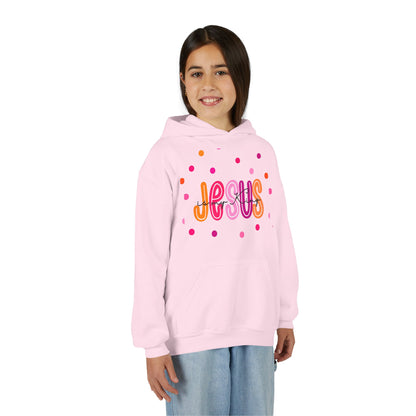Youth Hoodie — “Jesus” Colorful Polka Dot Christian Pullover