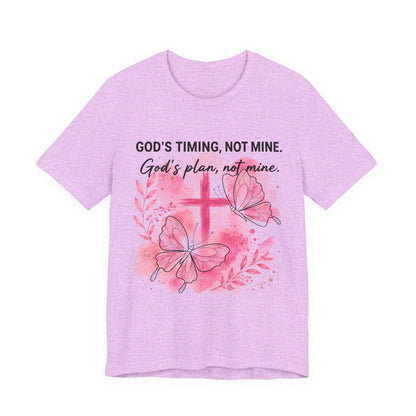God's Timing Not Mine T-Shirt — Pink Cross & Butterfly Christian Faith Tee
