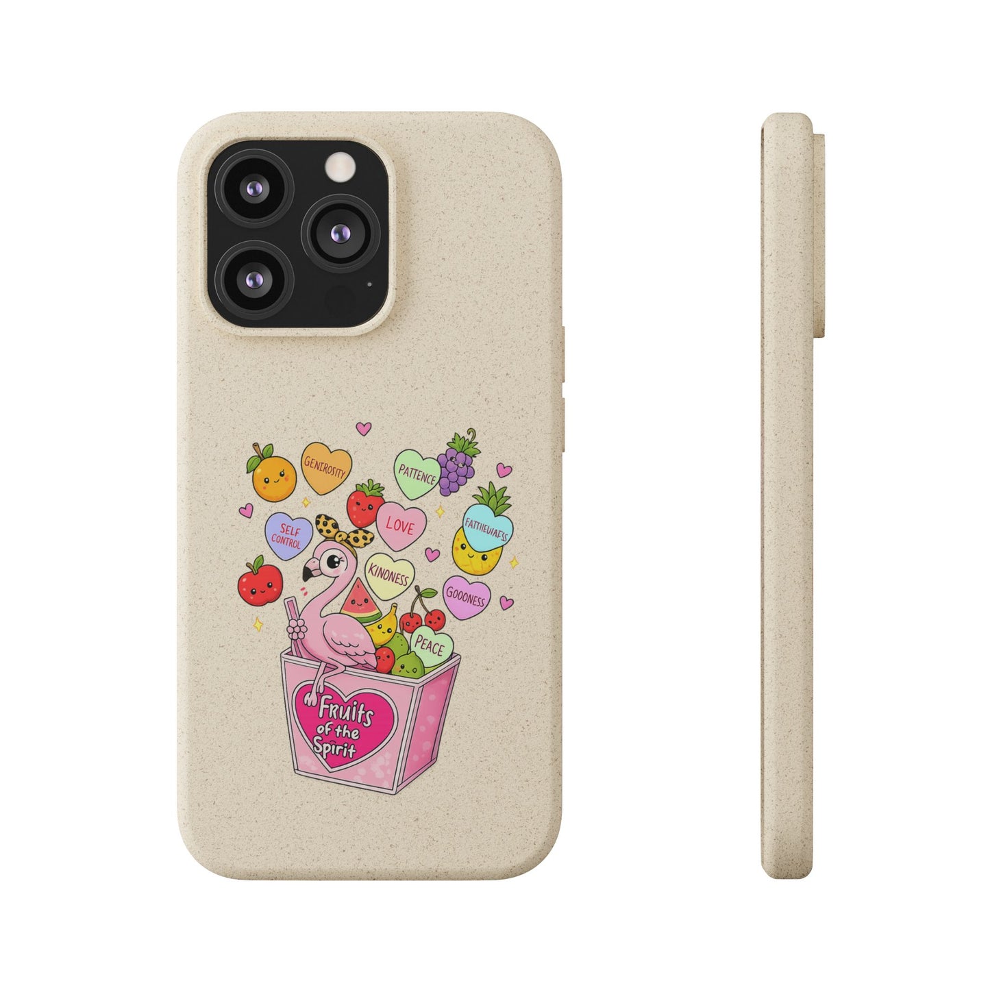 Biodegradable Phone Case — Cute Flamingo & Fruit Hearts "Fruity Love" Eco-Friendly iPhone Cover