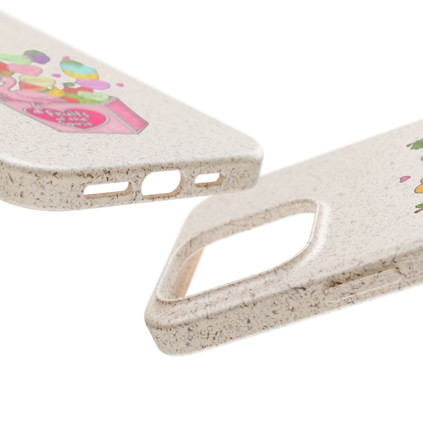 Biodegradable Phone Case — Cute Flamingo & Fruit Hearts "Fruity Love" Eco-Friendly iPhone Cover