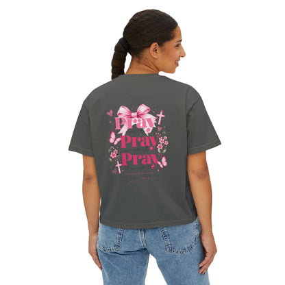 Women's Boxy Tee — Pink Floral Cross "Pray" Christian Graphic Shirt
