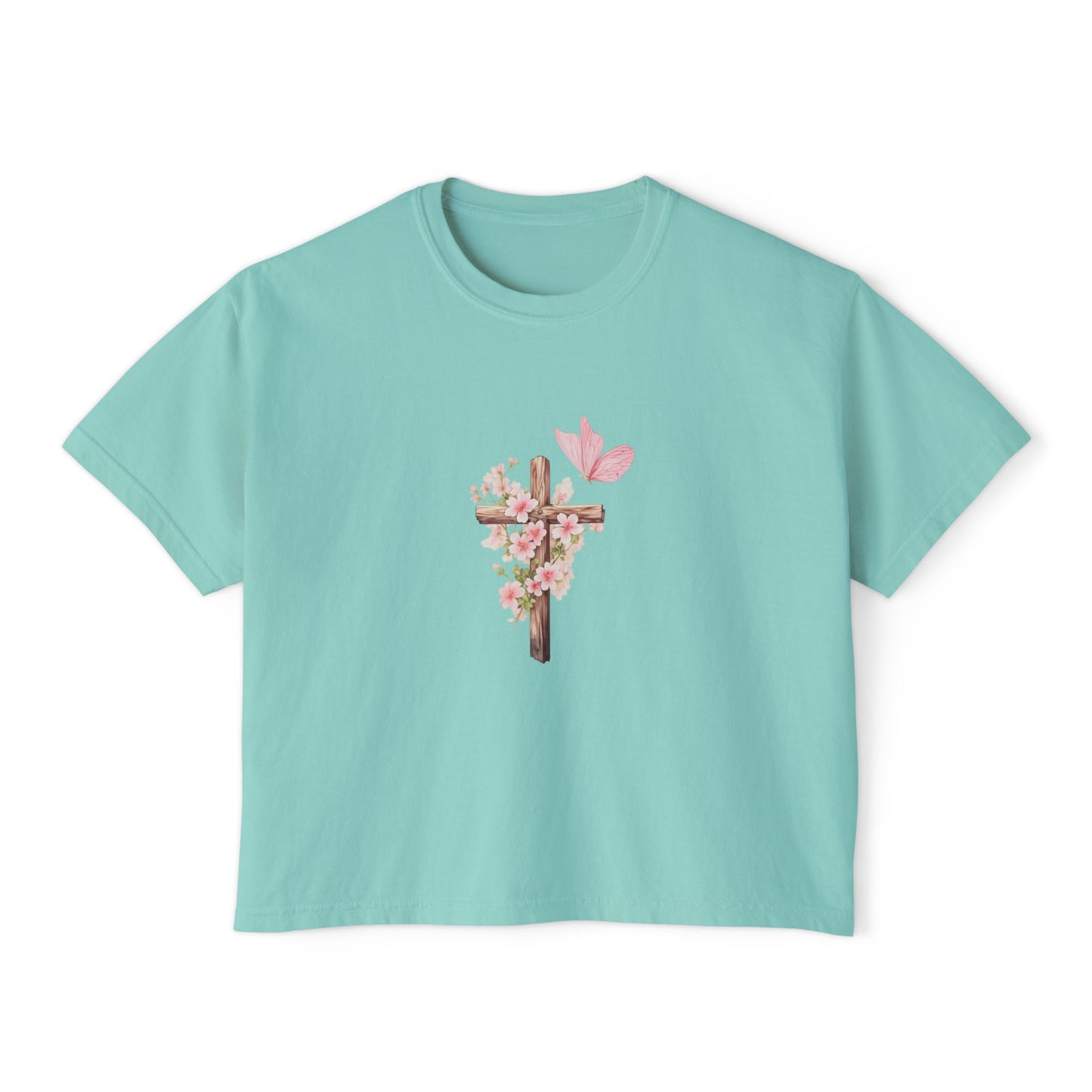 Women's Boxy Tee — Pink Floral Cross "Pray" Christian Graphic Shirt
