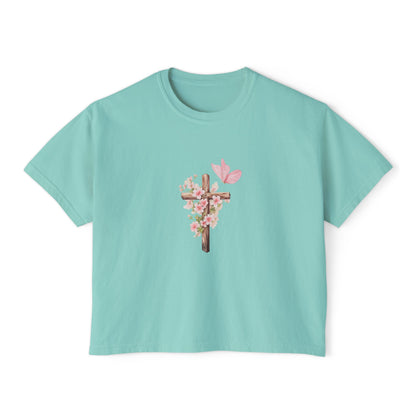 Women's Boxy Tee — Pink Floral Cross "Pray" Christian Graphic Shirt