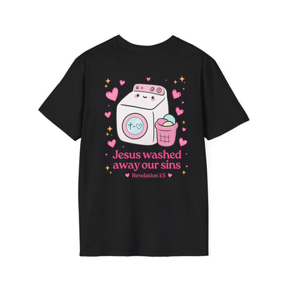 Christian T-Shirt – “Jesus Washed Away Our Sins” Cute Washing Machine Design