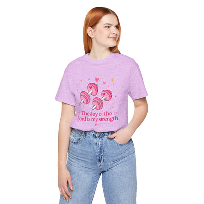 Christian Fitness T-Shirt — “The Joy of the Lord is My Strength” Pink Dumbbells Tee