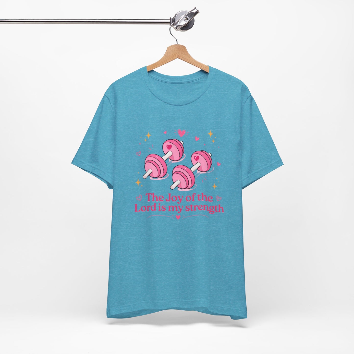 Christian Fitness T-Shirt — “The Joy of the Lord is My Strength” Pink Dumbbells Tee