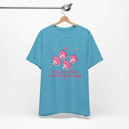 Christian Fitness T-Shirt — “The Joy of the Lord is My Strength” Pink Dumbbells Tee