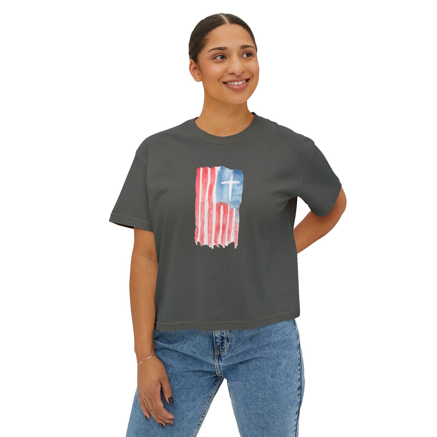 Blessed Tee — Women’s Boxy Christian T-Shirt with Flag Cross (Psalm 33:12)