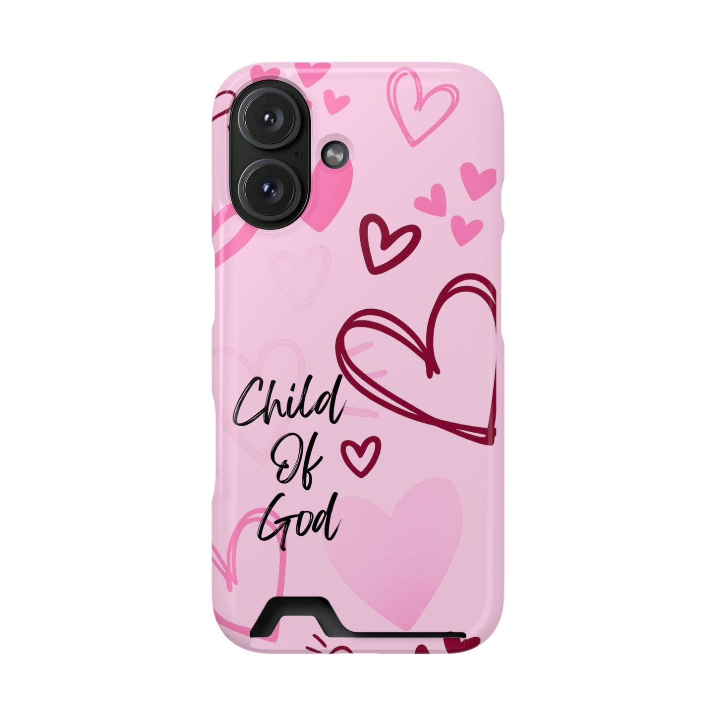 Pink "Child of God" Phone Card Case — Heart Pattern Religious Phone Case with Card Holder