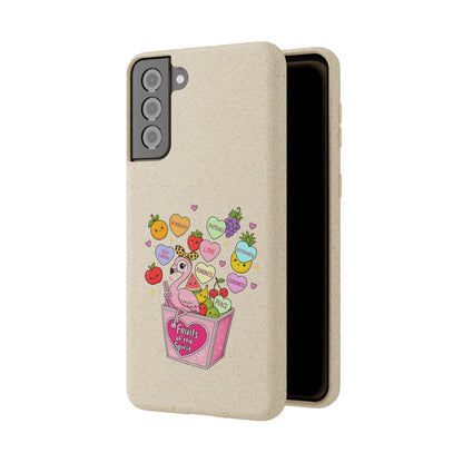 Biodegradable Phone Case — Cute Flamingo & Fruit Hearts "Fruity Love" Eco-Friendly iPhone Cover