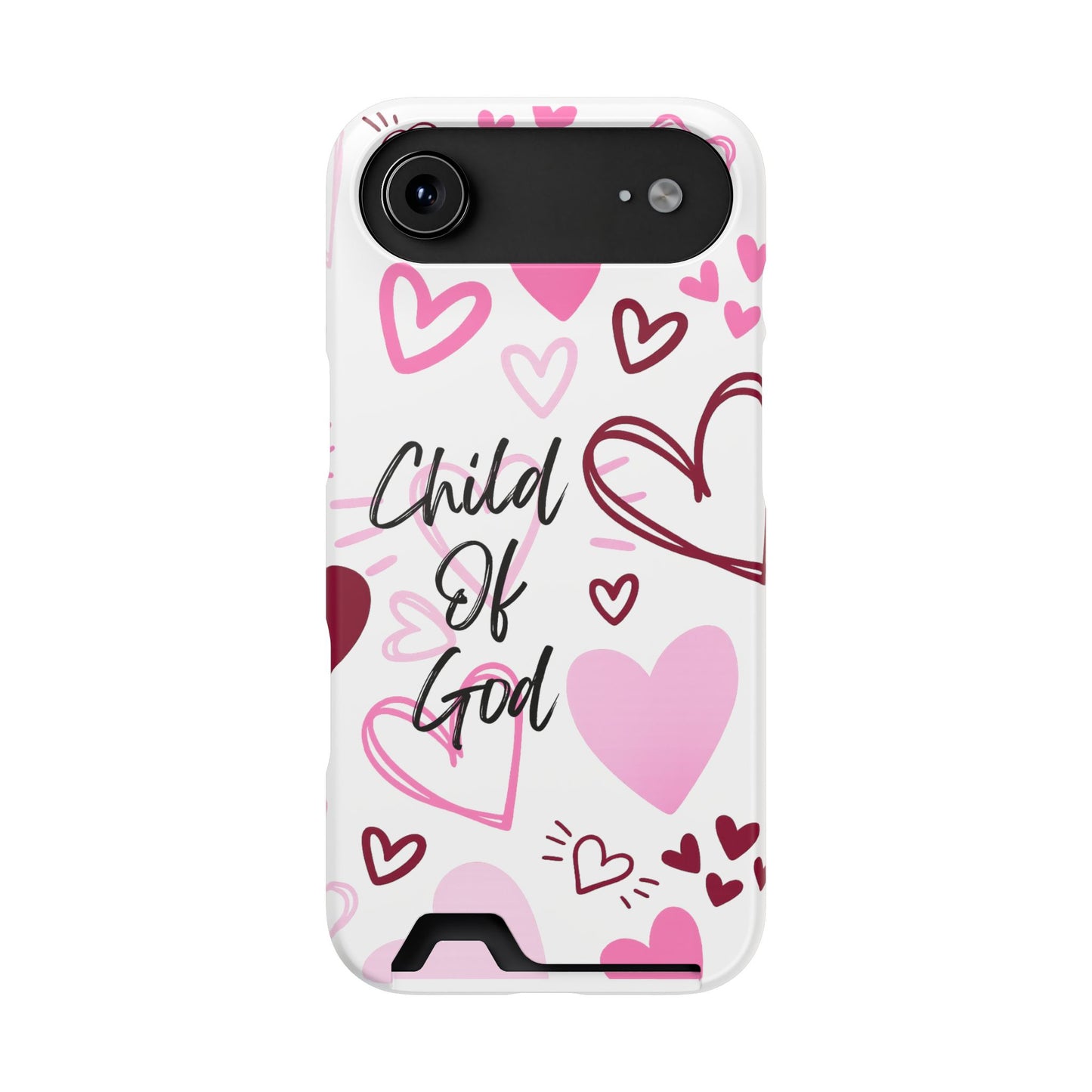 Phone Case — "Child of God" Card Holder Case, Pink Hearts Christian Phone Cover