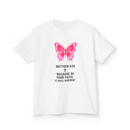 Kids Tee — Pink Butterfly with Matthew 9:29 Inspirational Faith Quote