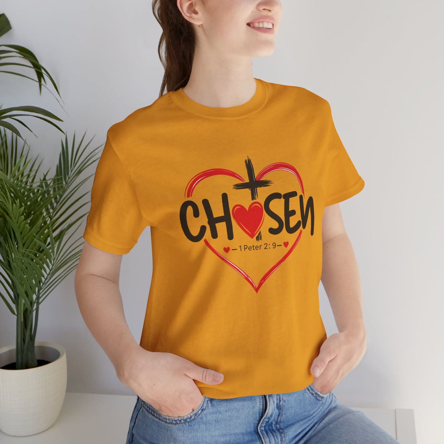 Chosen Heart Christian T-Shirt — "Chosen" with Cross & 1 Peter 2:9 Faith Tee