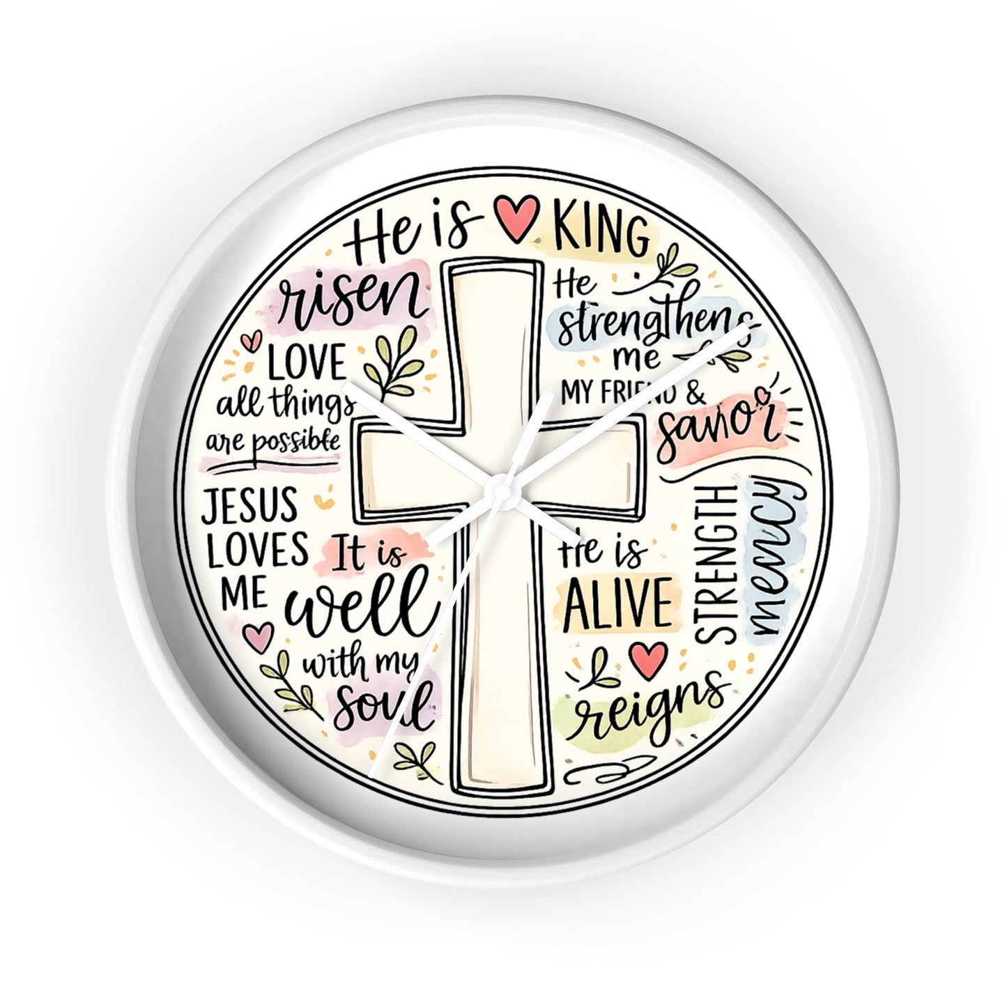 Christian Cross Wall Clock — Inspirational Scripture Quote Home Decor (He is Risen • It Is Well • Jesus Loves Me)