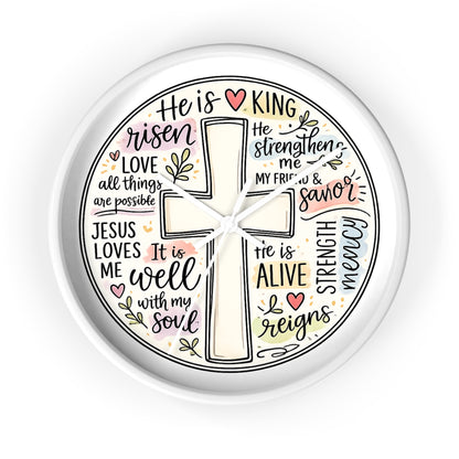 Christian Cross Wall Clock — Inspirational Scripture Quote Home Decor (He is Risen • It Is Well • Jesus Loves Me)