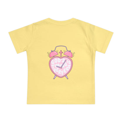 Baby T-Shirt — Pink Christian Faith Design: “Blessed is the Nation” & Heart Alarm “God’s Timing is Perfect”