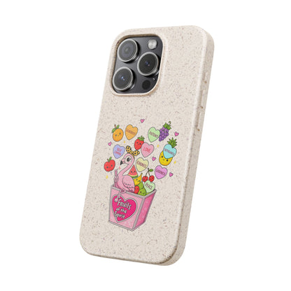 Biodegradable Phone Case — Cute Flamingo & Fruit Hearts "Fruity Love" Eco-Friendly iPhone Cover