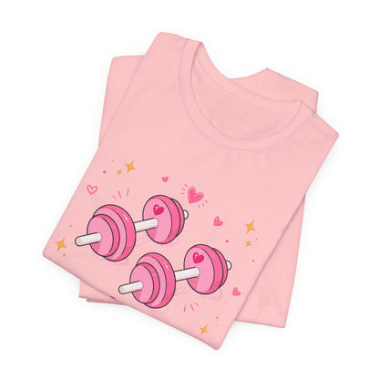 Christian Fitness T-Shirt — “The Joy of the Lord is My Strength” Pink Dumbbells Tee