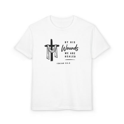 Youth T-Shirt - "By His Wounds We Are Healed" Christian Cross Tee