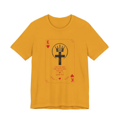 King of Hearts Christian T-Shirt — John 14:6 Cross & Crown Playing Card Design