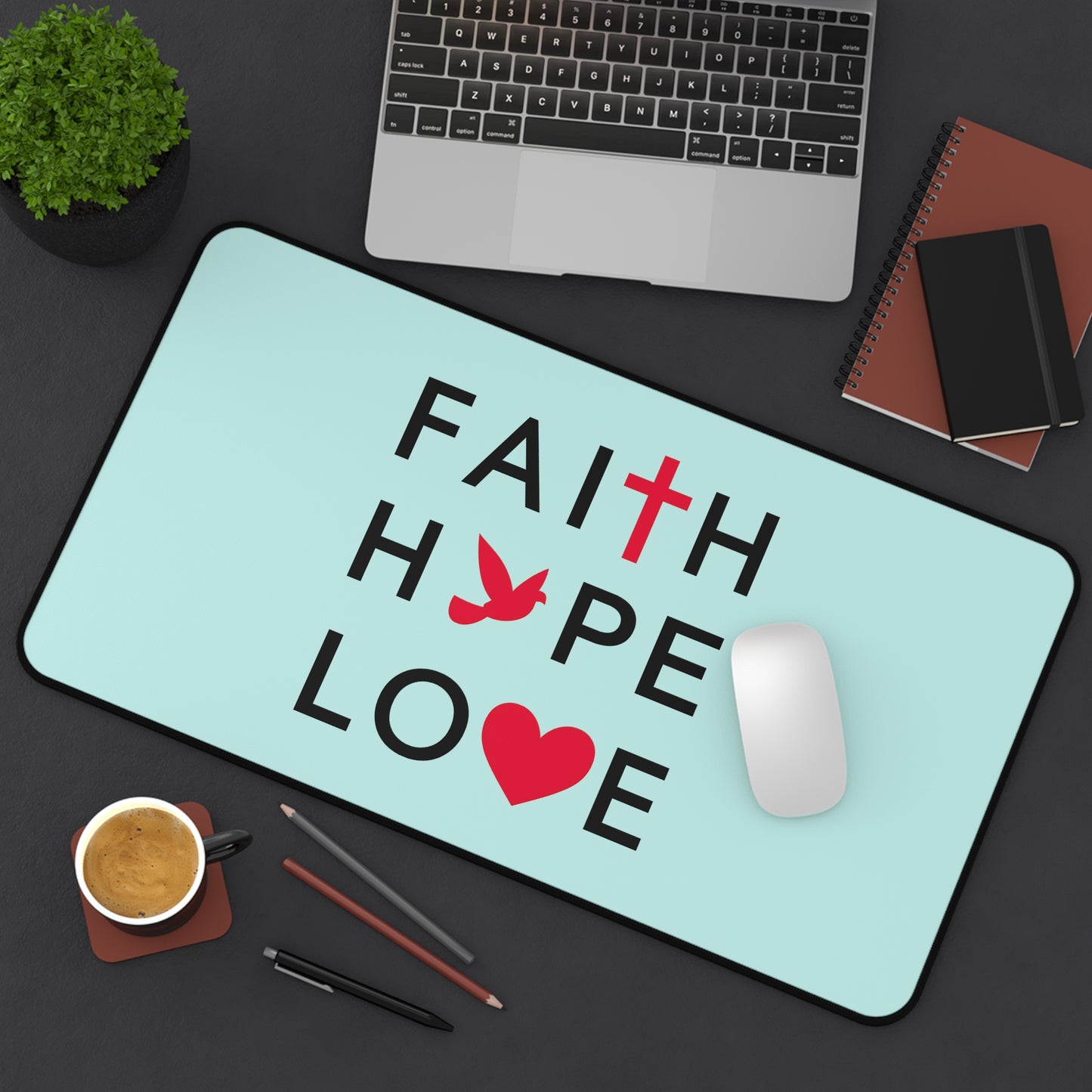Faith Hope Love Desk Mat — Christian Inspirational Mousepad with Cross, Dove & Heart