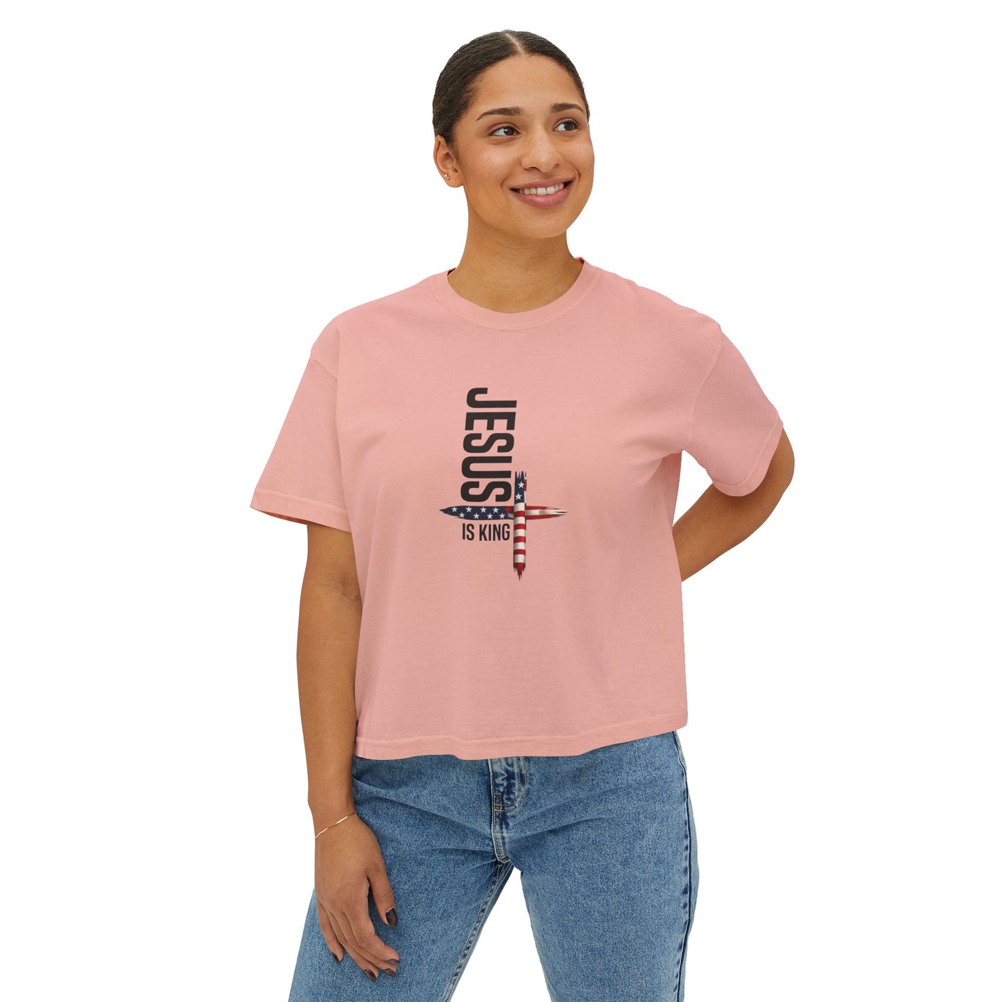 Jesus Is King American Flag Cross Women's Boxy Tee