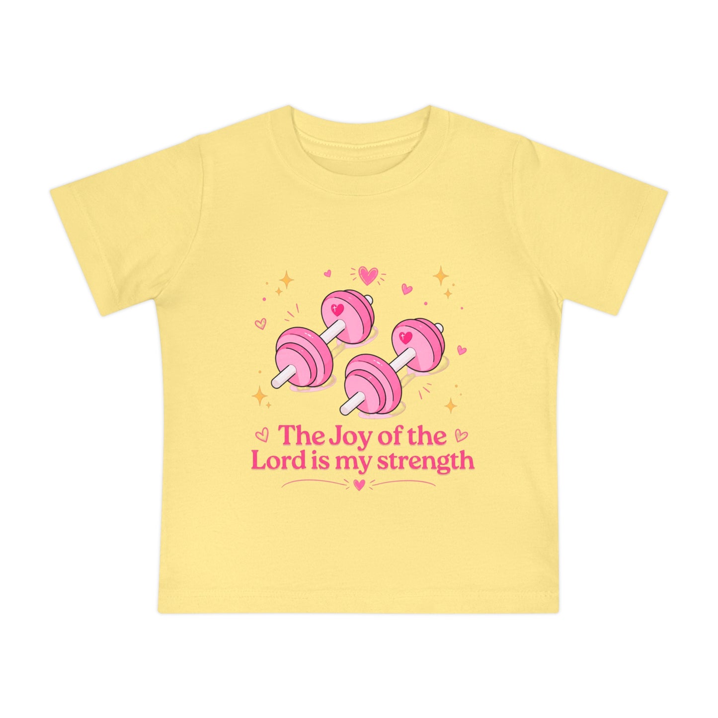 Baby Tee — "The Joy of the Lord is My Strength" Pink Dumbbell Christian Infant Shirt