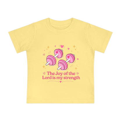 Baby Tee — "The Joy of the Lord is My Strength" Pink Dumbbell Christian Infant Shirt