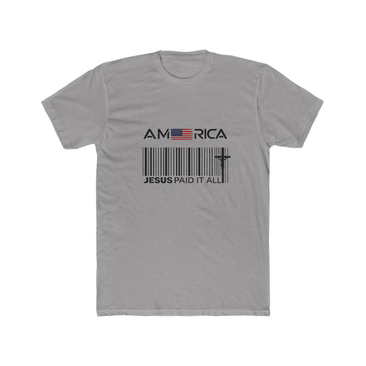 America Barcode Cross T-Shirt – "Jesus Paid It All" Christian Faith Tee
