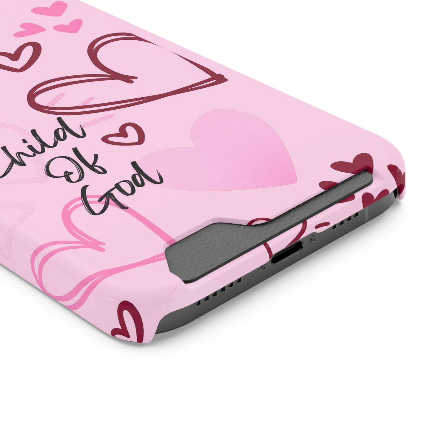 Pink "Child of God" Phone Card Case — Heart Pattern Religious Phone Case with Card Holder