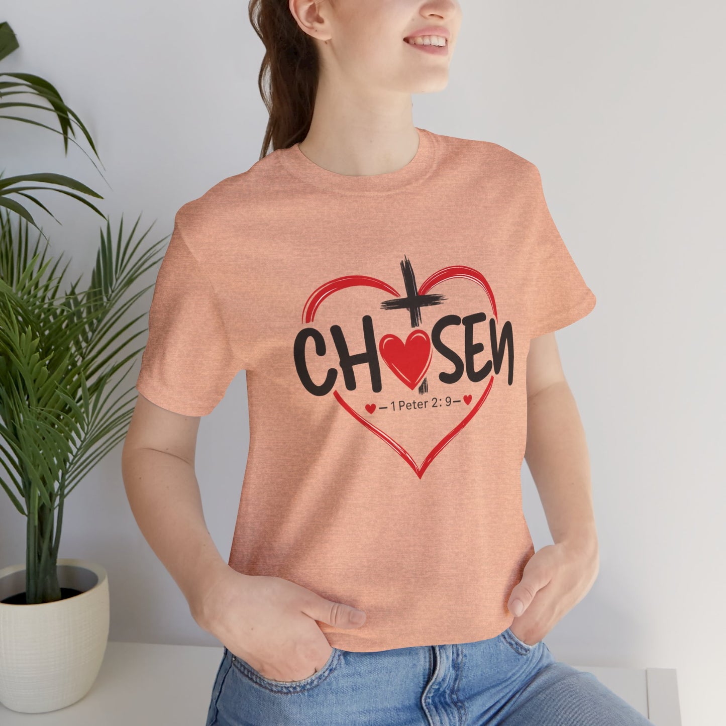 Chosen Heart Christian T-Shirt — "Chosen" with Cross & 1 Peter 2:9 Faith Tee