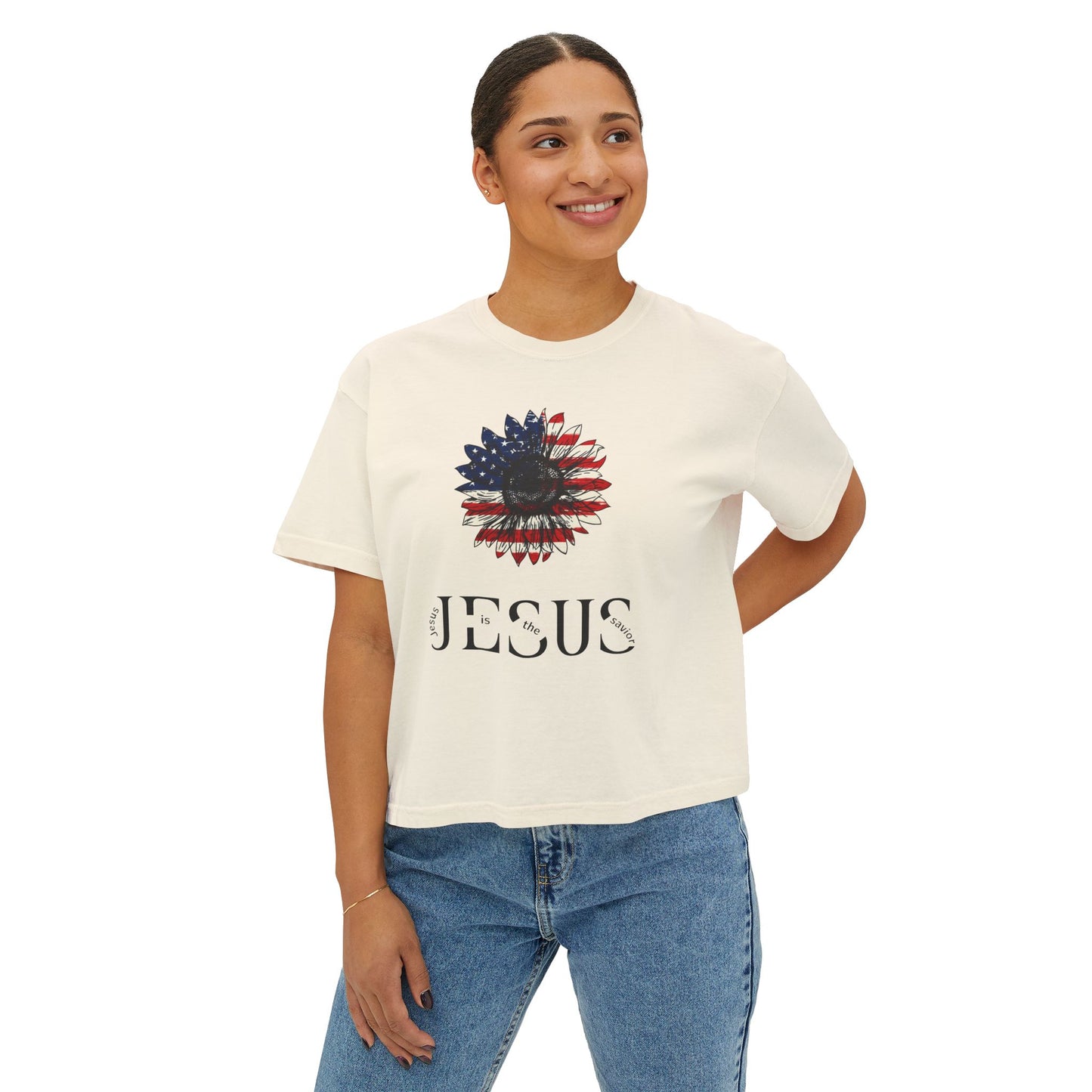 Women's Boxy Tee — American Flag Sunflower 'Jesus' Front & 'Created with a Purpose' Back