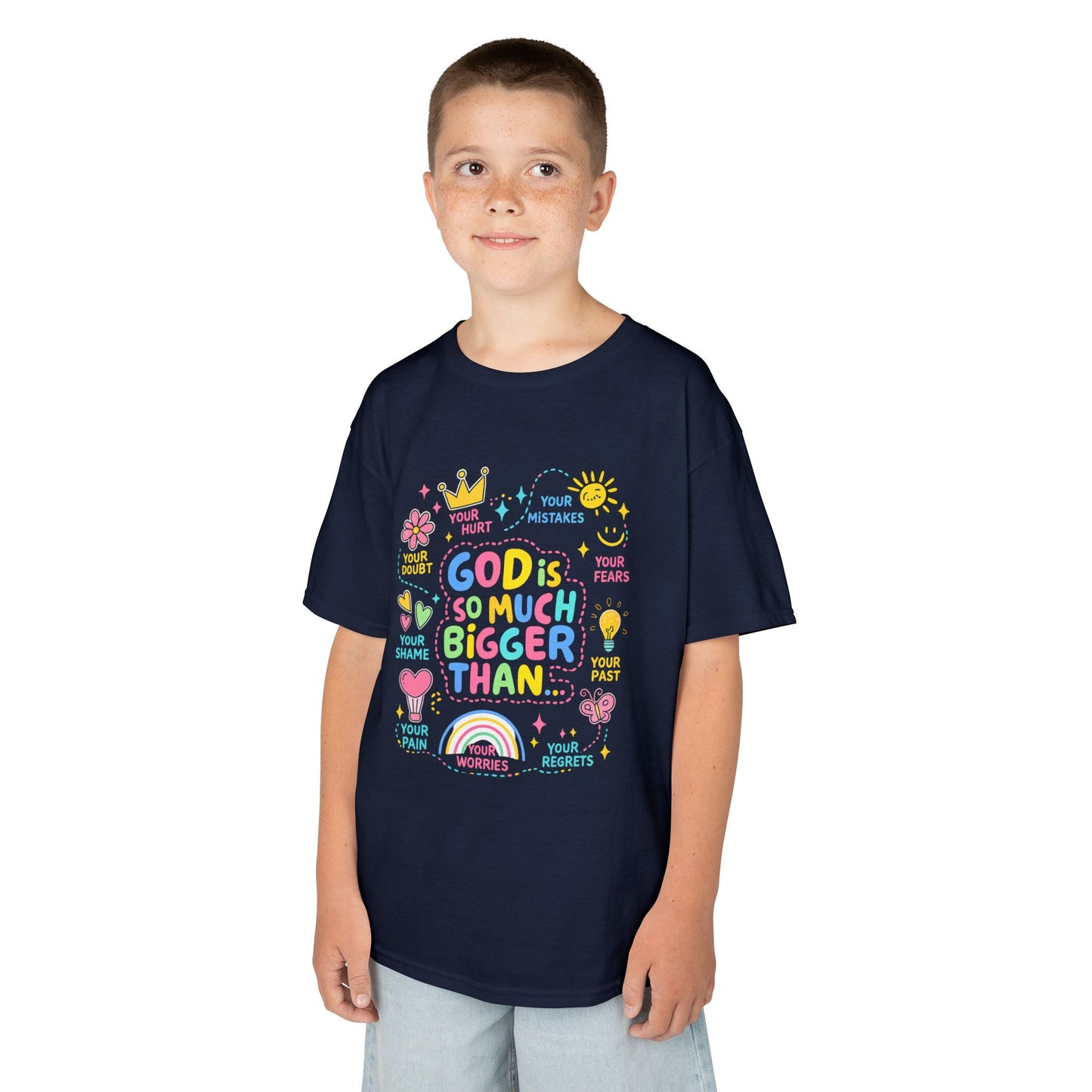 UNISEX Kids Tee — "God Is So Much Bigger Than" Colorful Faith Graphic