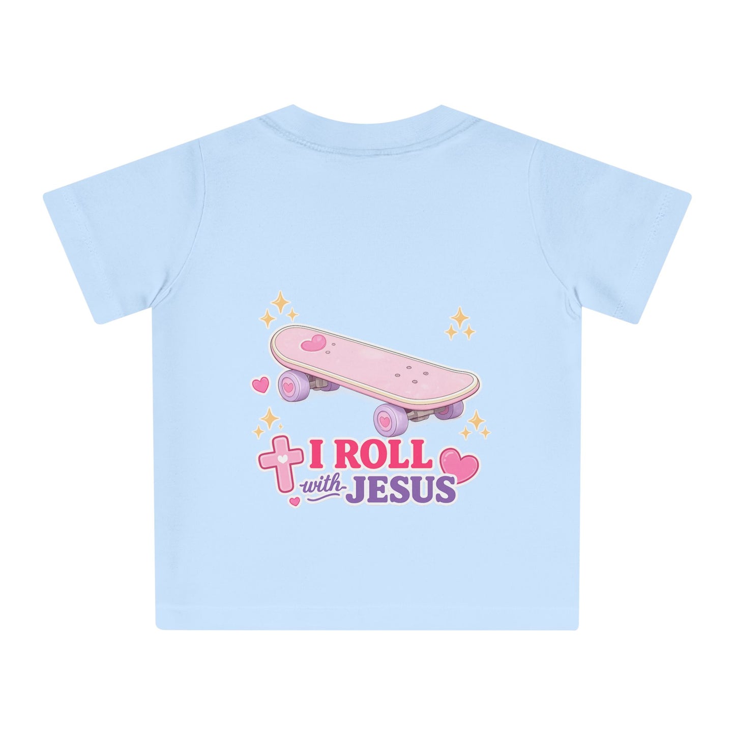 Baby T-Shirt — Pink Floral Christian Baby Tee “I Roll with Jesus” Inspirational Infant Shirt