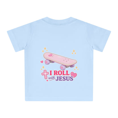 Baby T-Shirt — Pink Floral Christian Baby Tee “I Roll with Jesus” Inspirational Infant Shirt