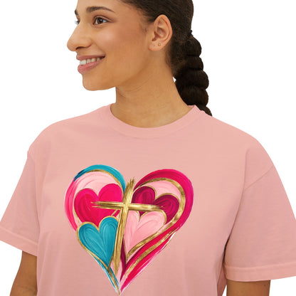 Heart Cross Women's Boxy Tee — Colorful Watercolor Heart Graphic