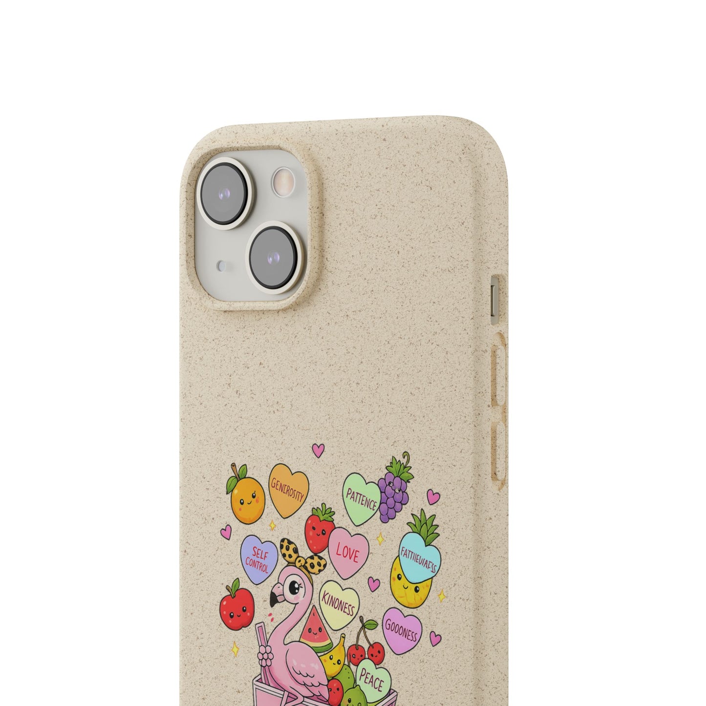 Biodegradable Phone Case — Cute Flamingo & Fruit Hearts "Fruity Love" Eco-Friendly iPhone Cover