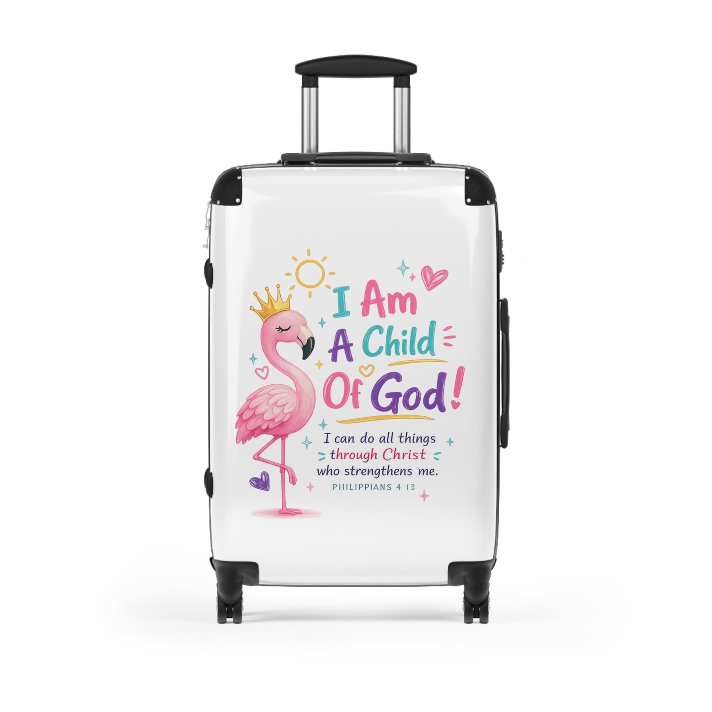 Child of God Kids Suitcase – Pink Flamingo Faith Travel Luggage (Philippians 4:13)