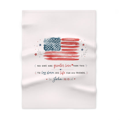 Patriotic Baby Blanket — John 15:13 American Flag Fleece Gift for Newborns & Baptisms