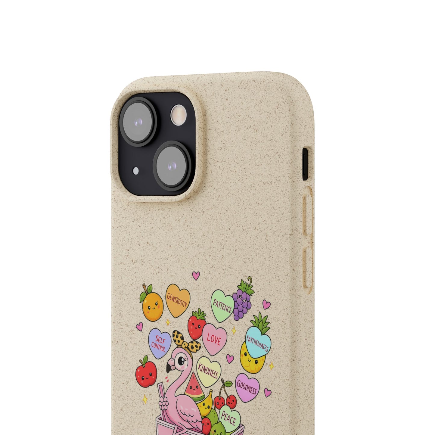 Biodegradable Phone Case — Cute Flamingo & Fruit Hearts "Fruity Love" Eco-Friendly iPhone Cover