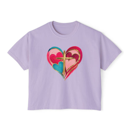 Heart Cross Women's Boxy Tee — Colorful Watercolor Heart Graphic