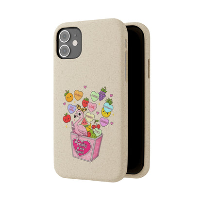 Biodegradable Phone Case — Cute Flamingo & Fruit Hearts "Fruity Love" Eco-Friendly iPhone Cover