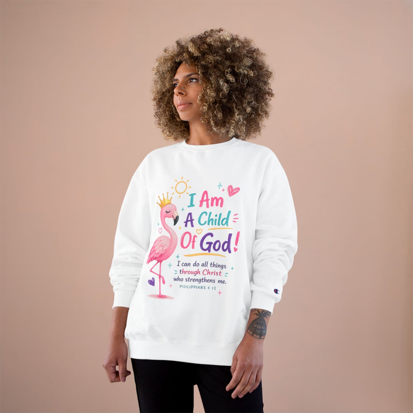 Children’s Christian Sweatshirt — “I Am A Child Of God” Flamingo Design