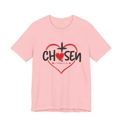 Chosen Heart Christian T-Shirt — "Chosen" with Cross & 1 Peter 2:9 Faith Tee
