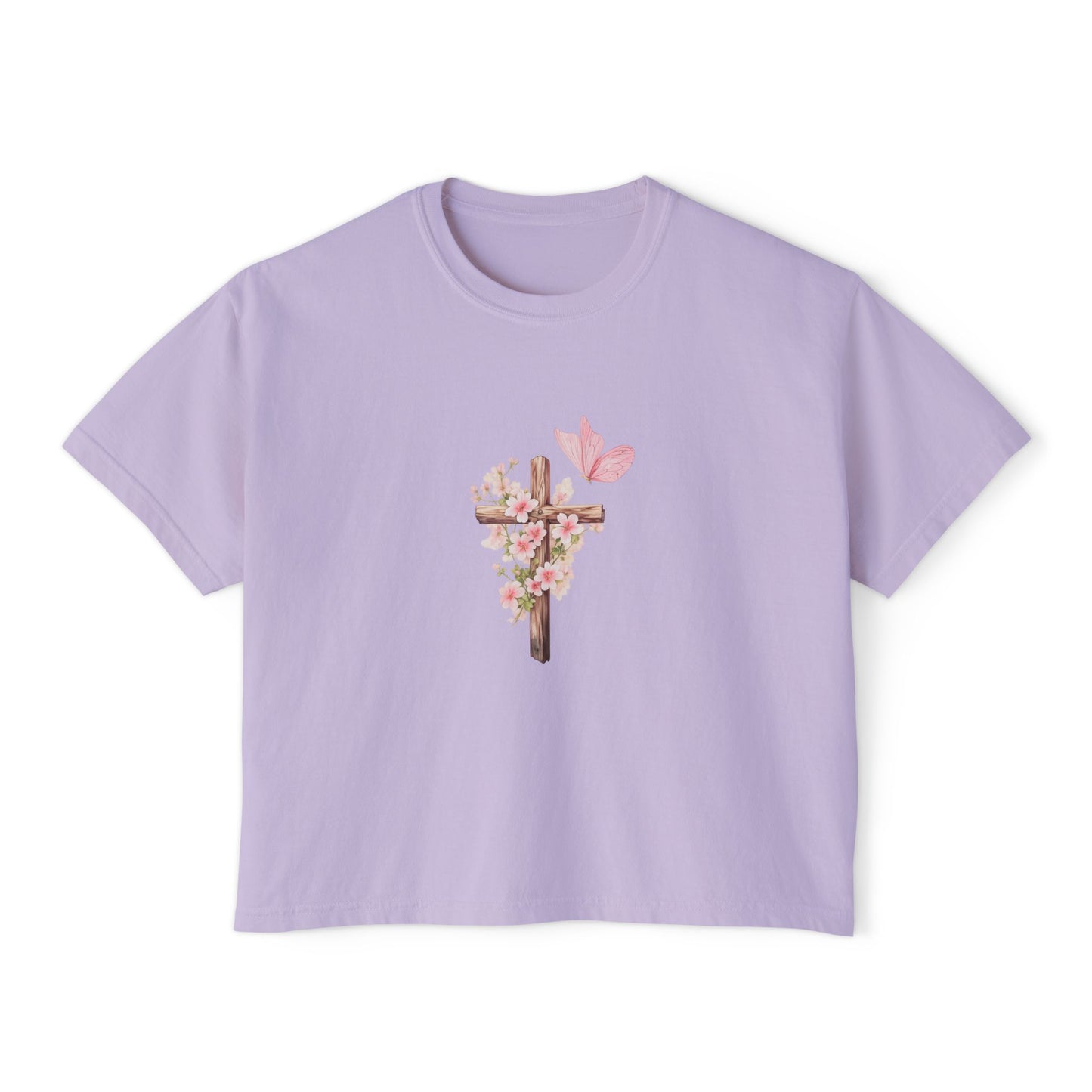 Women's Boxy Tee — Pink Floral Cross "Pray" Christian Graphic Shirt